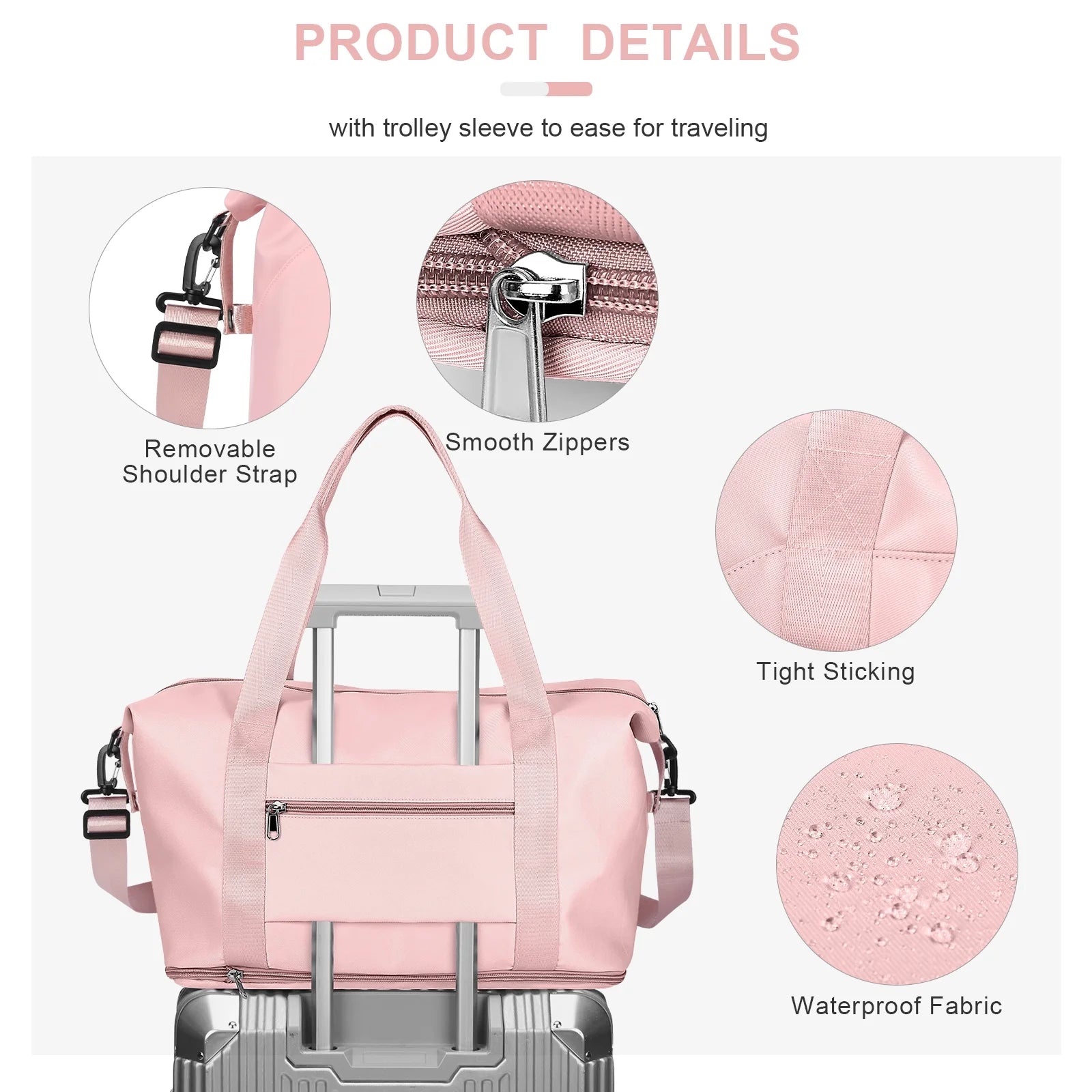 Travel Bag,Waterproof Duffel Gym Tote Bag,Weekender Carry on Overnight Bags for Women Men Approved Personal Item Bag for Airlines with Trolley Sleeve,Travel Duffel Bags,Pink