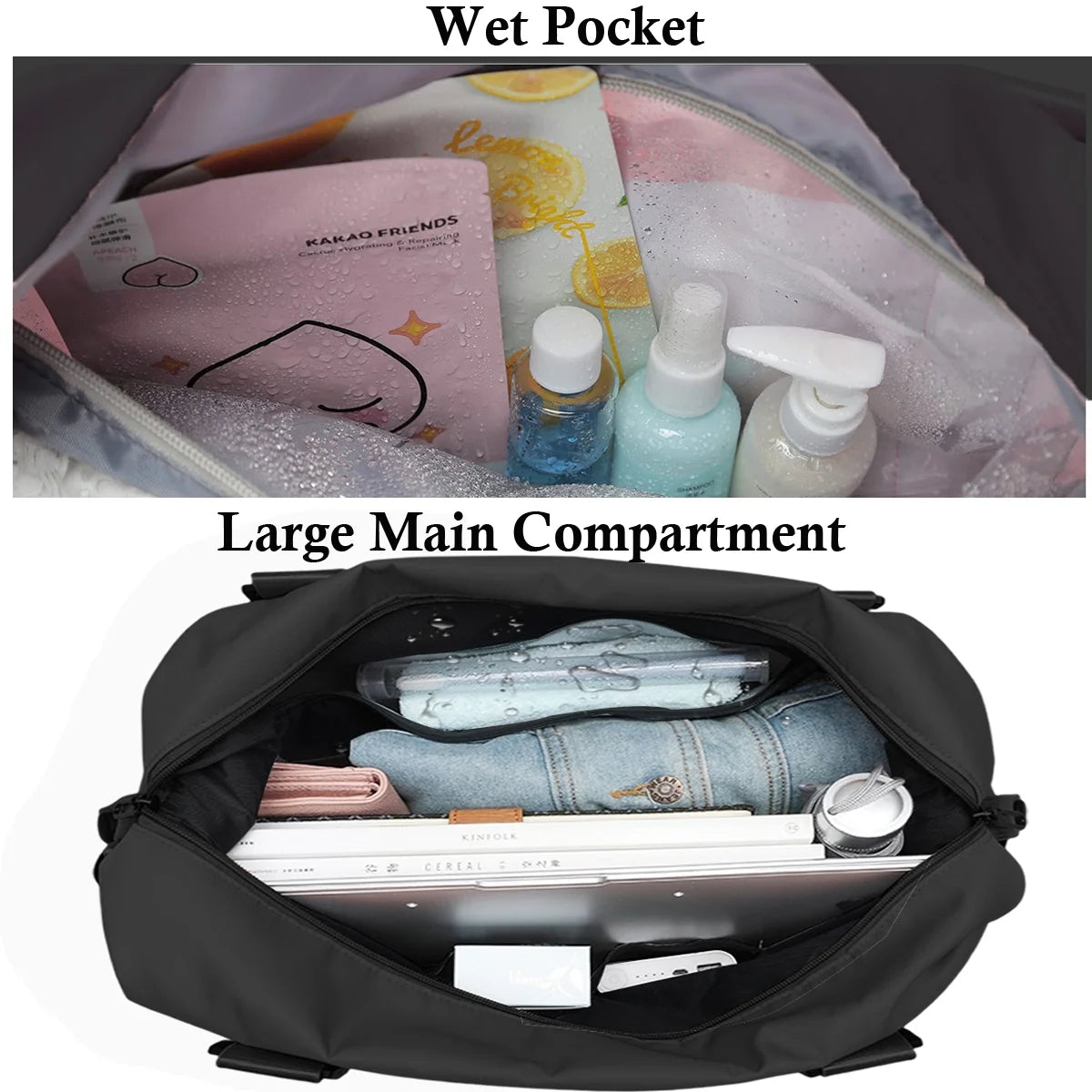 24" Overnight Bag Weekender Travel Bag for Women, Waterproof Sports Gym Bag, Large Duffle Bag with Wet Pocket/Trolley Sleeve for Yoga Swimming, Airline Approved, Black